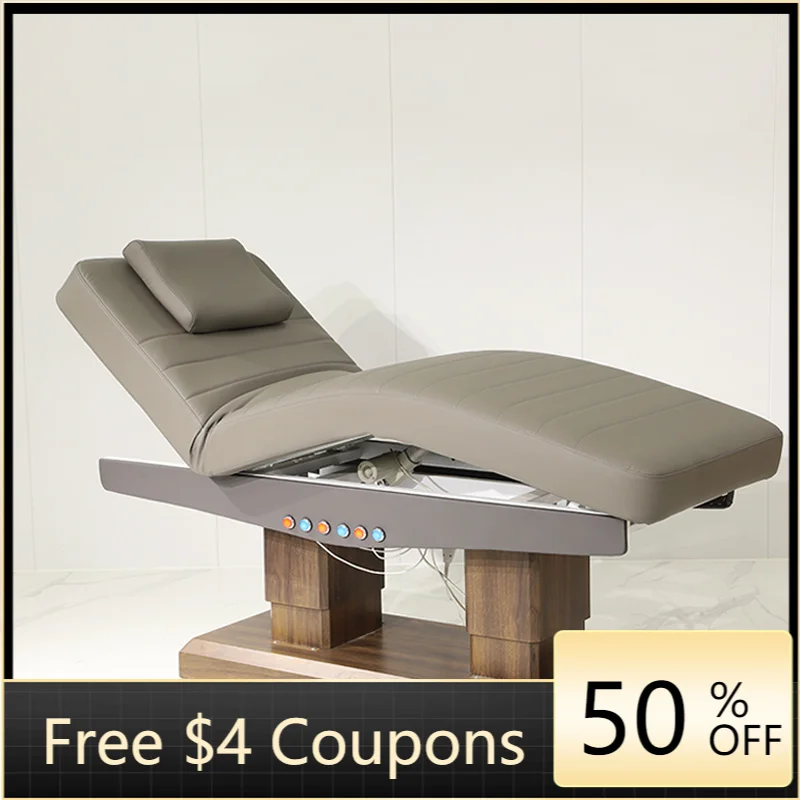 Electric Massage Facial Bed Gray PU Solid Wood Base Side Control Buttons Reclining Cosmetic Beauty Table for Spa Clinic Tattoo S