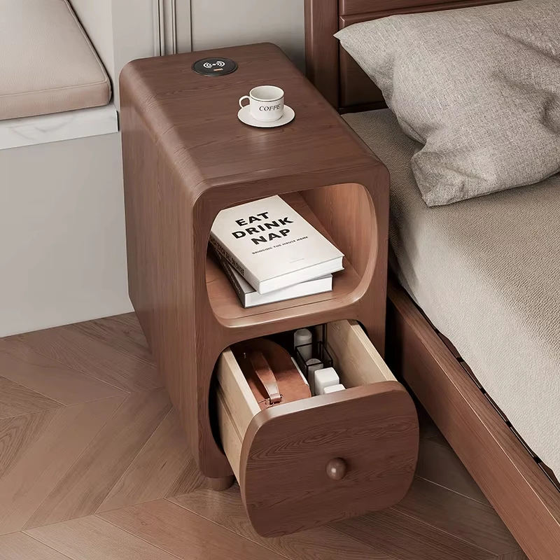 

Super narrow solid wood bedside table mini shelf rental house light bedroom cabinet