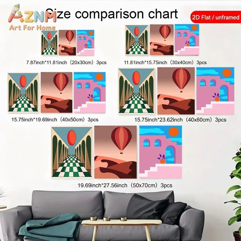 Geometric Desert Hot Air Balloon Canvas Wall Art 3pcs Retro Abstract Arch Building Unframed Canvas Print For Living Room Home De