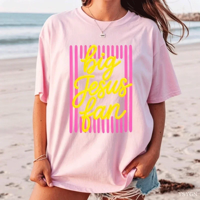 Big Jesus Fan T Shirt Casual Womens Religious T-shirt Christian Tshirt Faith Short Sleeve Round Neck Tees Woman Clothing Printed
