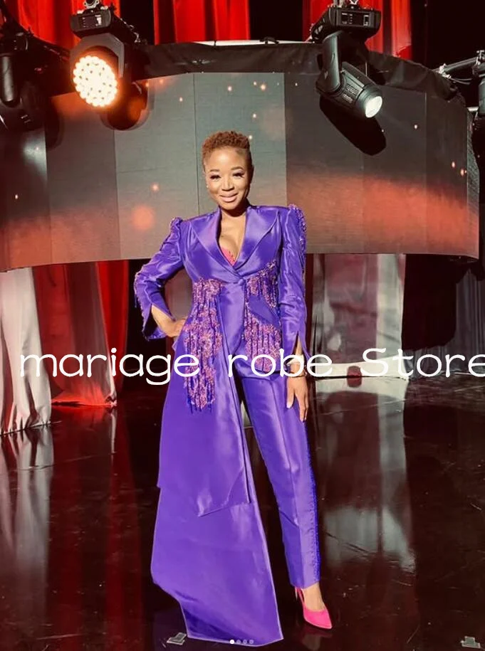 Purple Aso Ebi Jumpsuit Prom Dresses with Side Train Long Sleeve Sparkly Crystal Cusotmsized V-neck Evening Gown Pant Suit