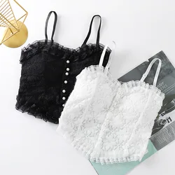 Ruffle Mesh Lace Camisole Bralette Women Front Pearl Buttons Removable Padded Cups Adjustable Thin Straps Bra One Size 2 Colors