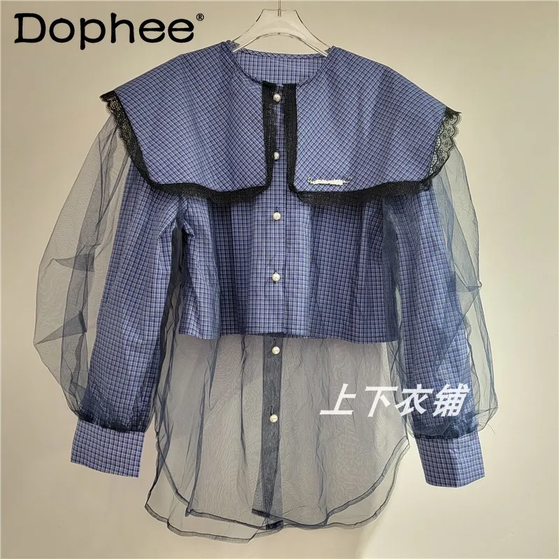 

Fashion Mesh Splicing Shawl Collar Shirt Womens 2024 Autumn New Versatile Long-sleeved Blue Plaid Top Chic Womens Tops