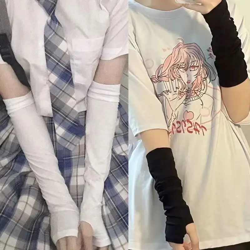 Goth Lolita Anime Thin Solid Gloves JK Kawaii Girl Mitten Oversleeve Man Women Fashion Sun Block Cuff Fingerless Arm Warmers