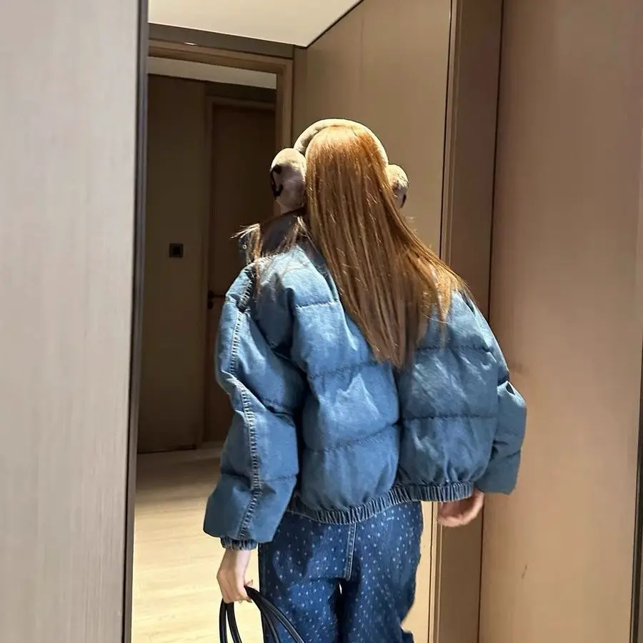 Winter New Retro-style Denim Cotton Coat Ski Suit Short Stand-collar Down Jacket