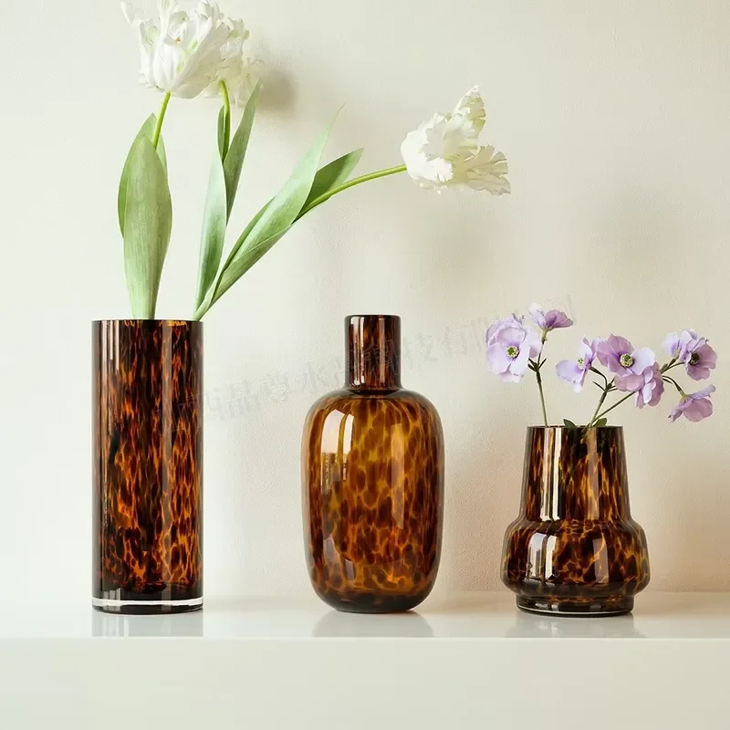 Amber Tortoiseshell Crystal Glass Vase Small Mouth European Style Polished Finish Leopard Print Home Decor Luxury Table