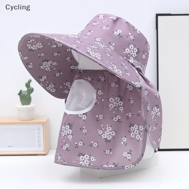 Summer Sun Shawl Hat UV Protection Cycling Large Brim Hat With Neck Flap Shawl Hats Removable Face Mesh Breathable Cap