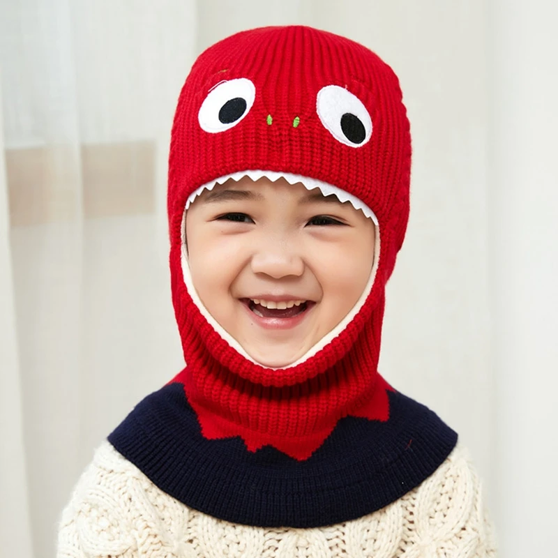 Cute Kids Dinosaur Winter Knit Hat Baby Toddler Thick Scarf Earflap Hood Scarves Caps