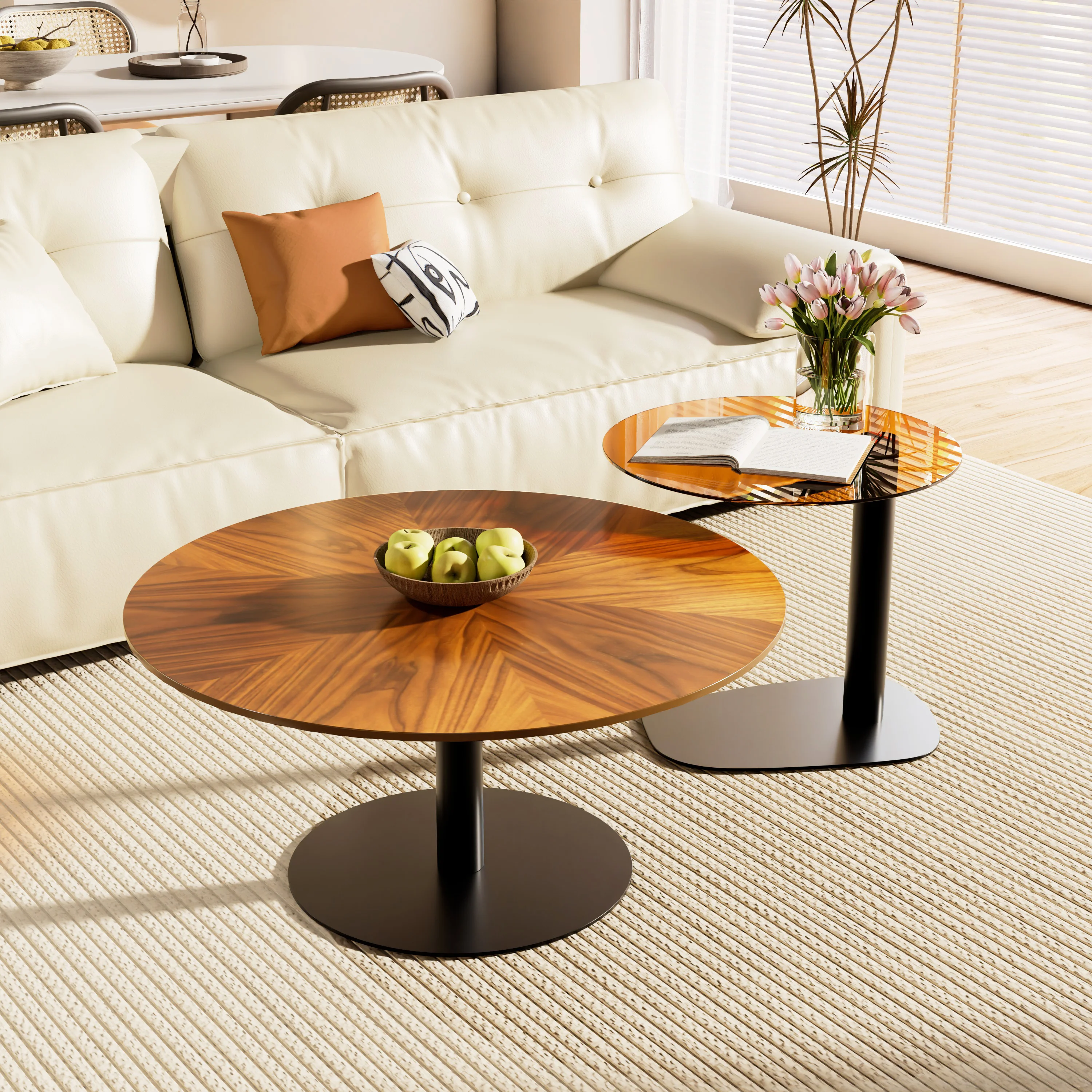 Set Of 2 Round Coffee Table with Brown Glass End Side Table Modern Nesting Table with Black Metal Base for Living Room Bedroom