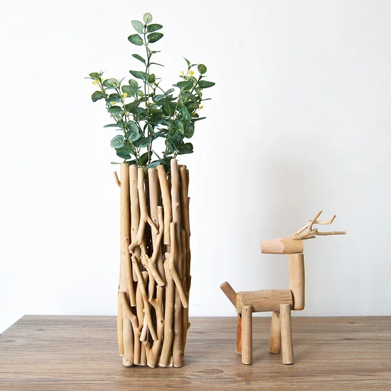 Handmade wooden geometric vase decoration Fake flower Living room potted arrangement With lights