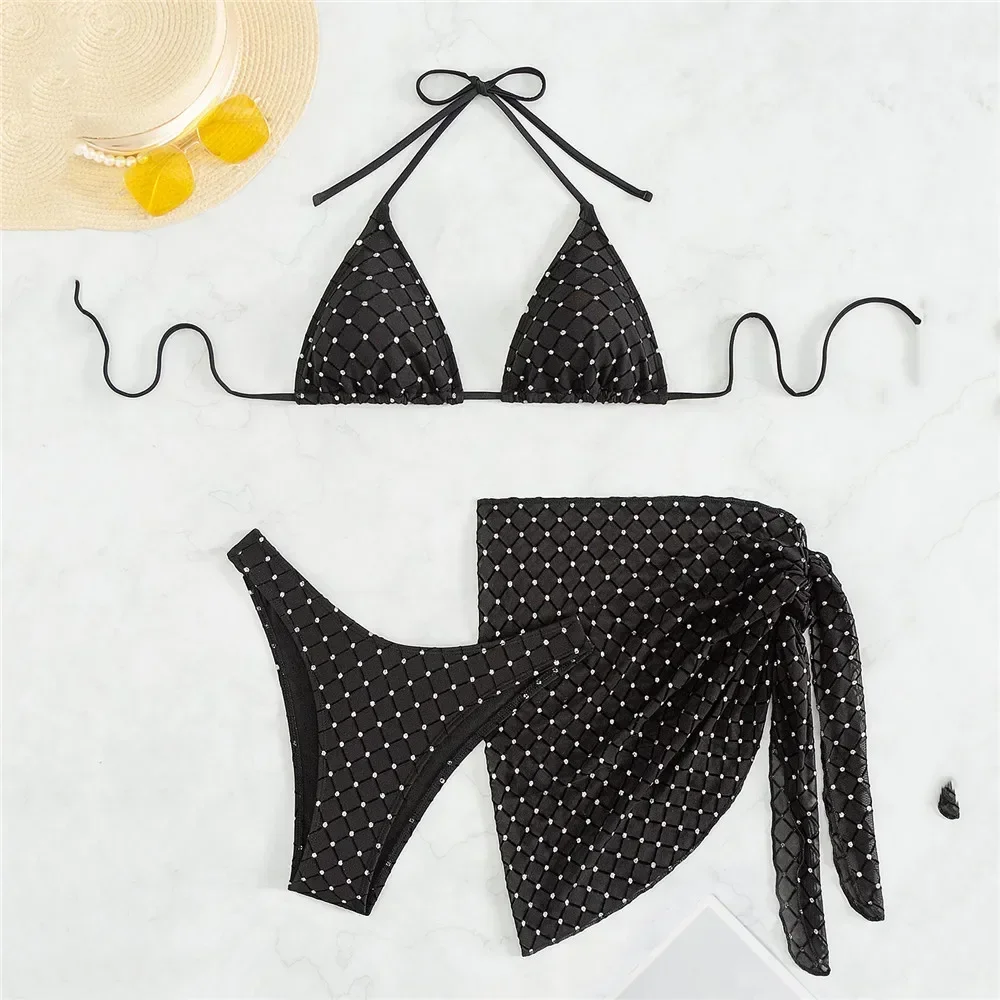 Preto brilhante sexy maiô malha cobrir ups feminino corda micro tanga biquíni halter férias banho beach wear 3 peça conjuntos de biquinis