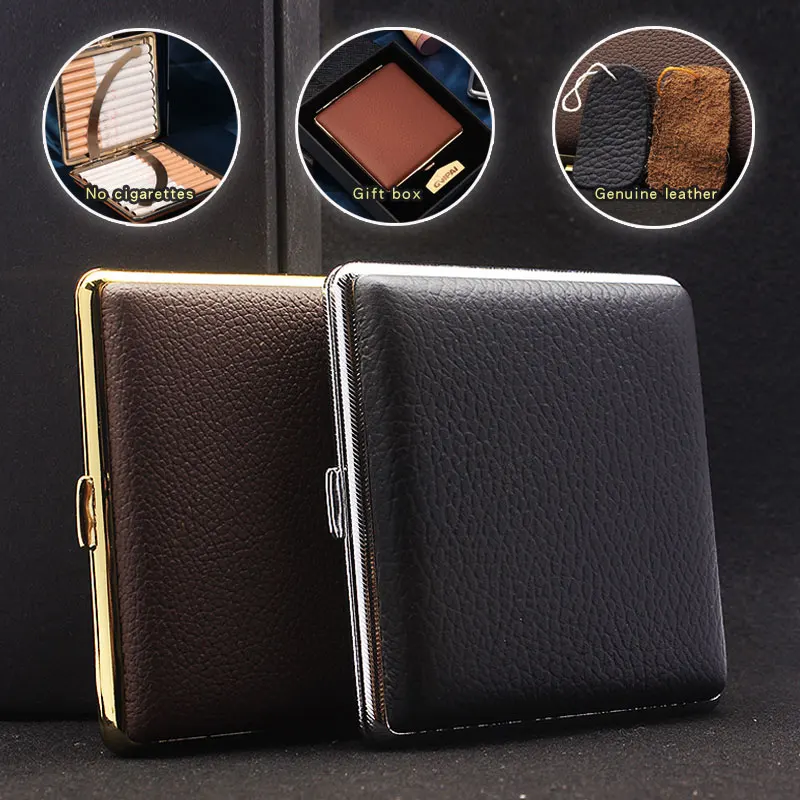 Soft Cowhide Metal Cigarette Box Large Capacity of 20 Cigarettes, Luxurious PU Genuine Leather Cigarette Case New Creative Gift