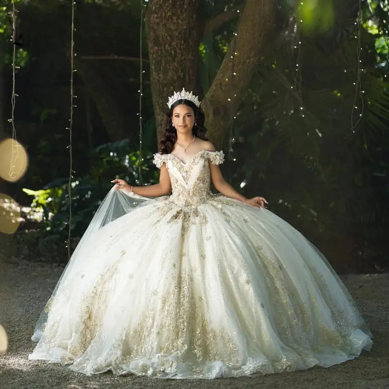 

Exquisite Quinceanera Dresses Appliques Rhinestones Royal Train Off The Shoulder Robe Princesse Bleu Femme Custom Made