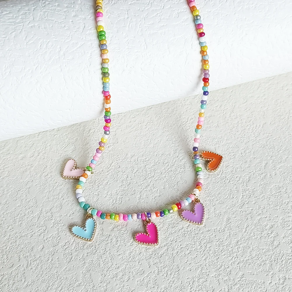 ZX Cute Colorful Enamel Heart Pendant Necklace Handmade Seed Beaded Chain Chokers Necklace for Women Bohemian Jewelry Wholesale