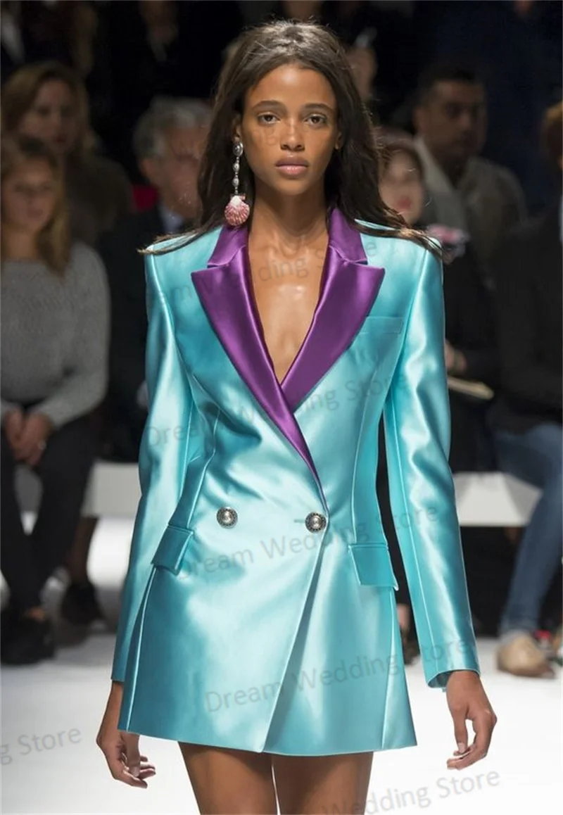 Blazer long en satin imbibé pour femme, tenue de mariage formelle, smokings sur mesure, robe de Rhde soirée, bleu clair, document d'épissage, 1 pièce