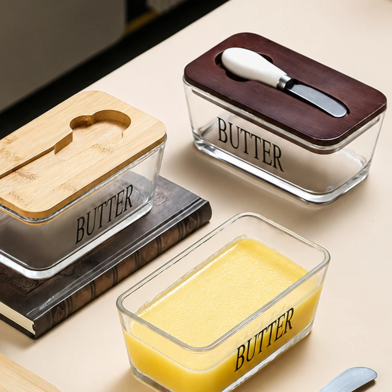 Rectangular Glass Sealed Butter Container with Lid, Household Cheese Fresh-Keeping Jar, Wholesale Household Cheese Box