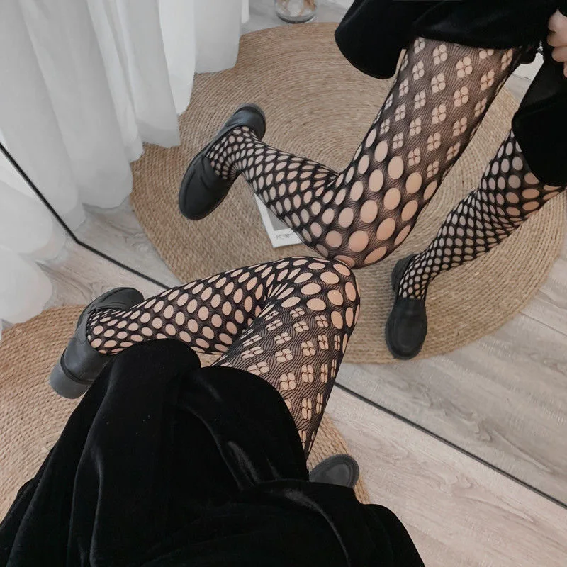 Women Tights Leggings Lolita Hollowed Out Mesh Stockings Japanese Bottomed Sexy Lace Pantyhose Floral Rattan Black Stocking