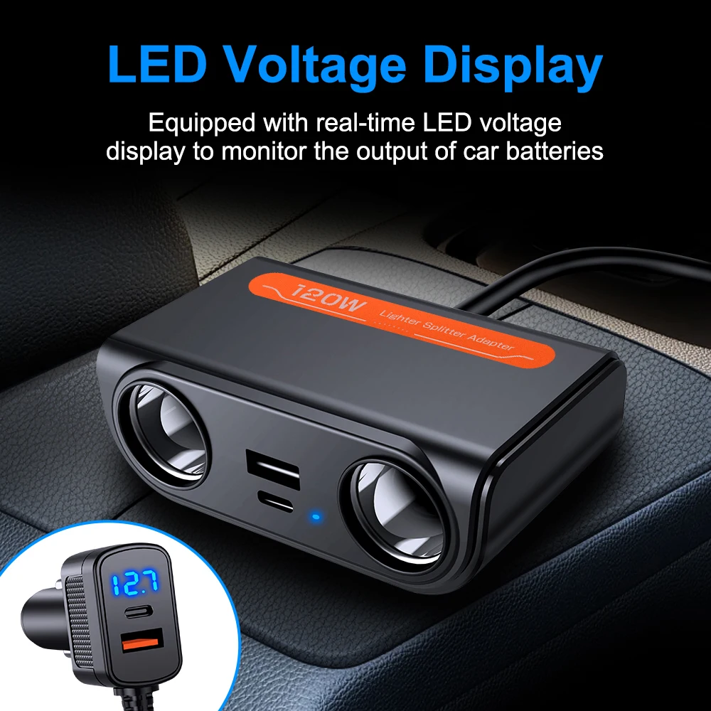 Anchtek 120W Car Cigarette Lighter Adapter USB Fast Charge Plug Splitter Ports Socket  LED Voltmeter Electric Auto Accessories