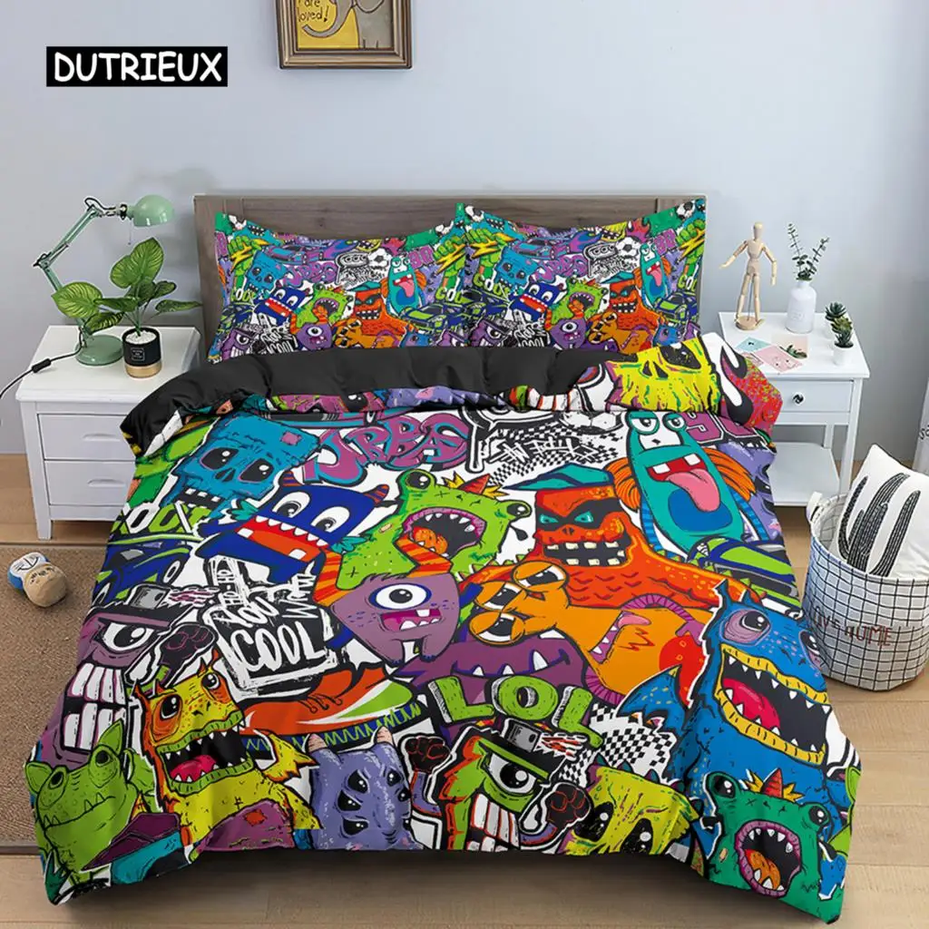 

Color Cartoon Doodle Bedding Set Cartoon Graffiti Duvet Cover Sets Set Queen King Size Quilt Duvet Cover 240x220 Bedroom Decor