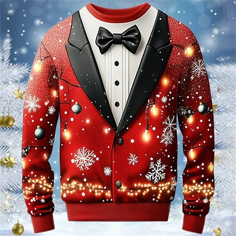 3D Print Christmas Costume Dress Suit Graphic Sweatshirt For Men Long Sleeve Crew Neck Sweatshirts Clothes Mens Pullover Hoodies