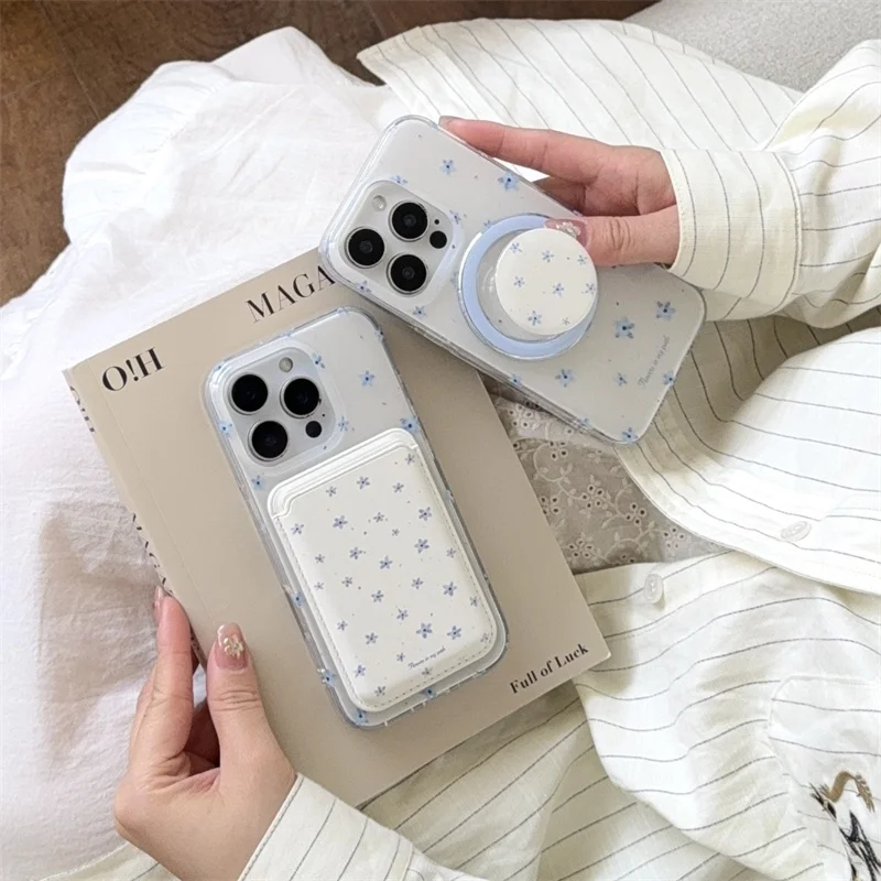 

Korean Ins Flower Magnetic Stand Phone Case For iPhone 16 Pro 15 14 13 Pro Max Cover with Magsafe Card Holder Cute Cases Funda