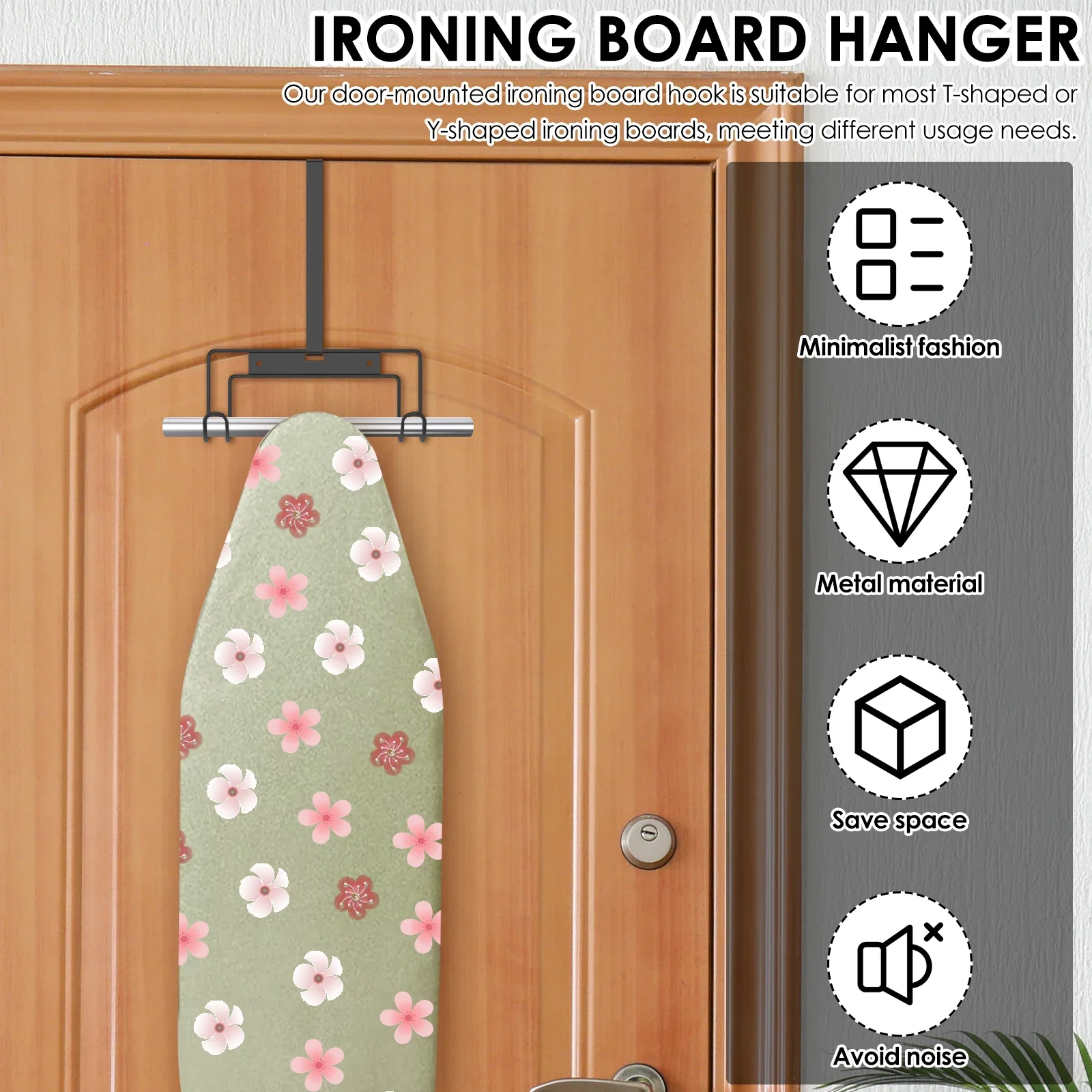 2Pcs Ironing Board Hanger Metal Wall Mount Over The Door Ironing Board Holder Organizer  with Removable Hook Space Saving