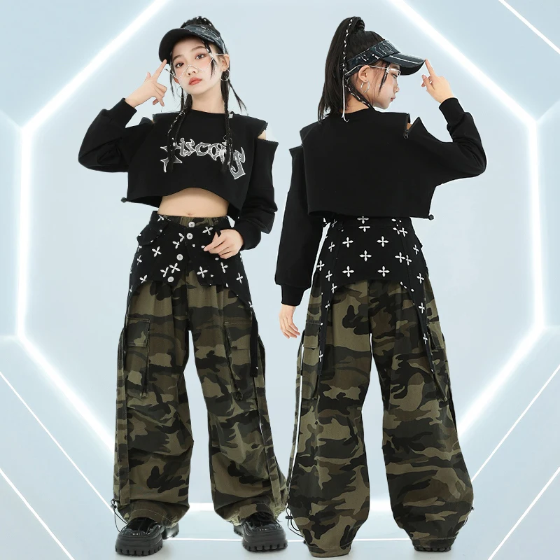 Girls Hip Hop Clothes Black Crop Tops Loose Pants Jazz Dance Costume Team Show Clothing Kpop Style Concert Stage Outfit BL14548