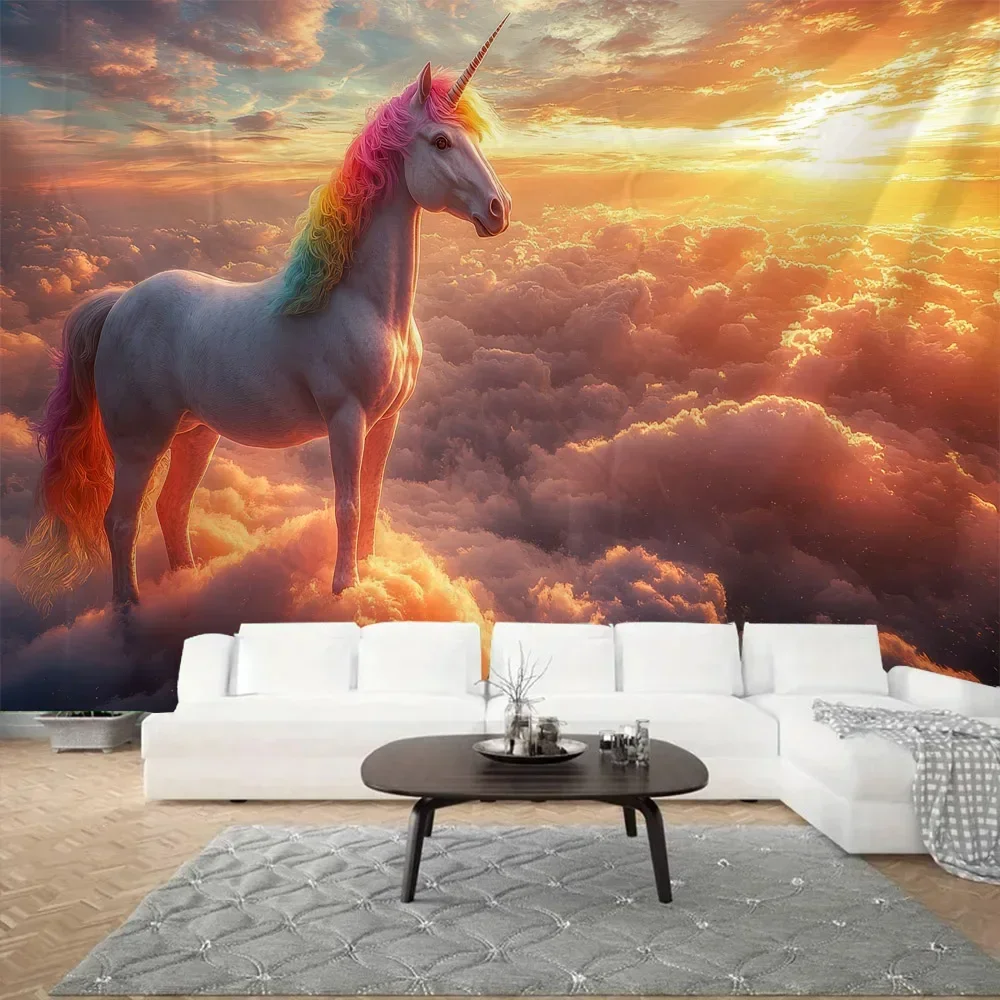 Unicorn Forest Art Tapestry Wall Hanging Starry Sky Horse Background Poster - Cartoon Home Decor Bed Sheet & Beach Mat