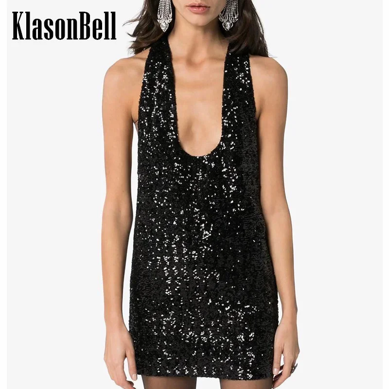 1.11 KlasonBell Europe America Sequins U-Neck Halter Sexy Backless Cute Bow Detachable Slim Package Hip Dress Women