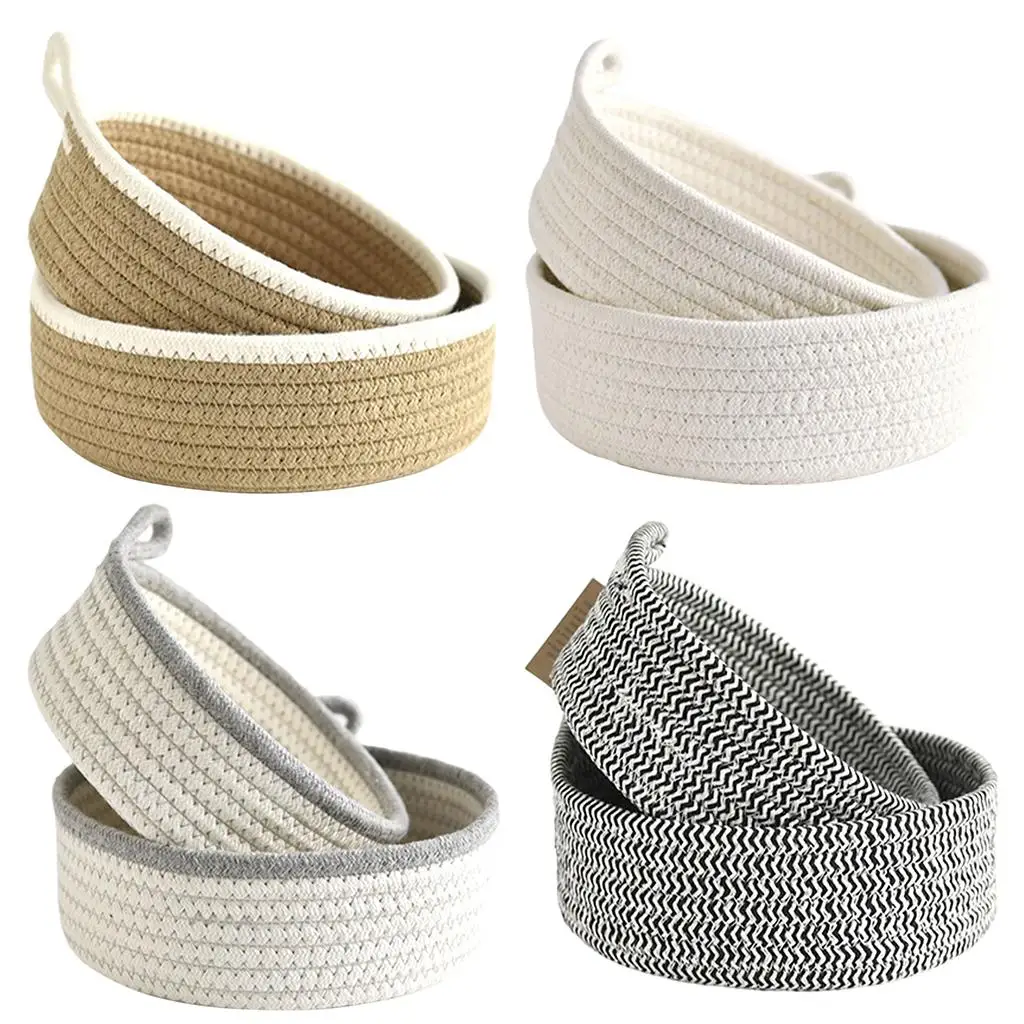 2Pcs Round Small Woven Baskets Set, Gifts Storage Closet Mini Tray Bins Organizing Rope Basket for Drawer, Door Nursery