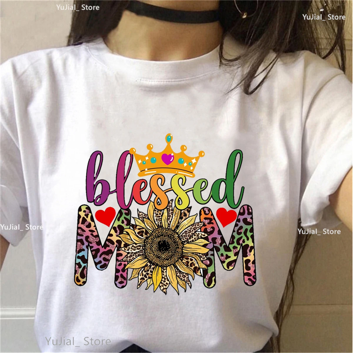 Crown Queen Blessed Mom Leopard Love Sunflower Printed T Shirt Women Mother'S Day Gifts Super Mom T-Shirt Femme Summer Tops
