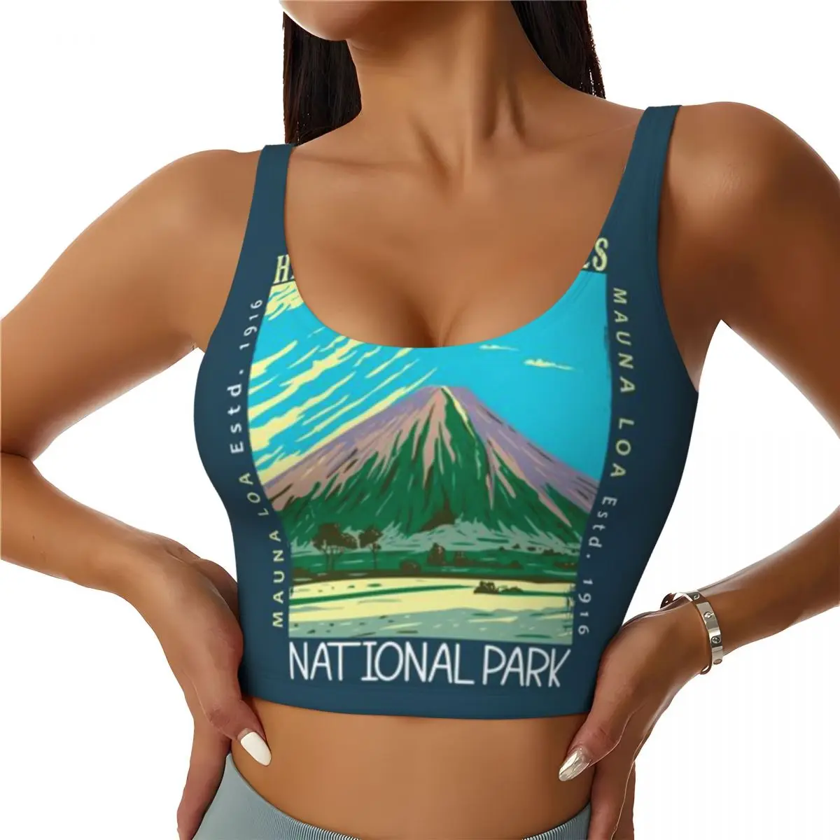 Top de Fitness em Spandex com Estampa do Parque Nacional de Hawaii Volcanoes Mauna Loa, Top Relaxante com Alças Ajustáveis