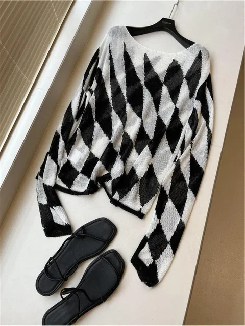 

Women Clothing See Through Pullovers Slash Neck Long Sleeve Plaid Jupmer Sueter Mujer Casual Fashion Knitted Thin Sweater Tops