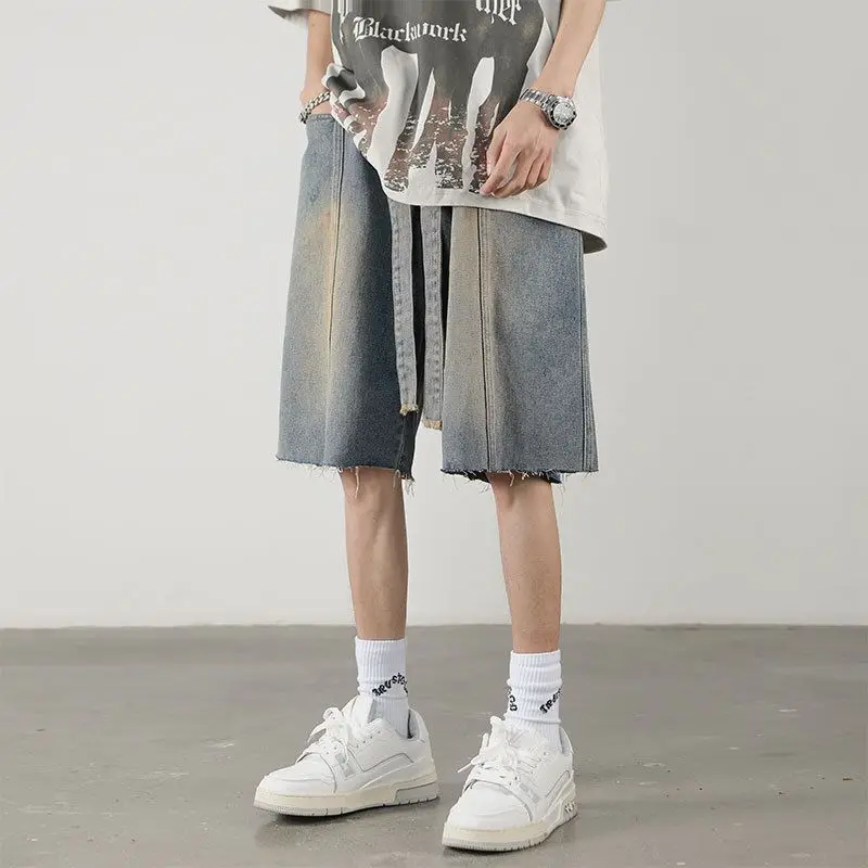 Summer New Men Distress Vintage Cargo Denim Shorts Harajuku Streetwear Fashion Straight Baggy Casual Knee Length Short Jeans