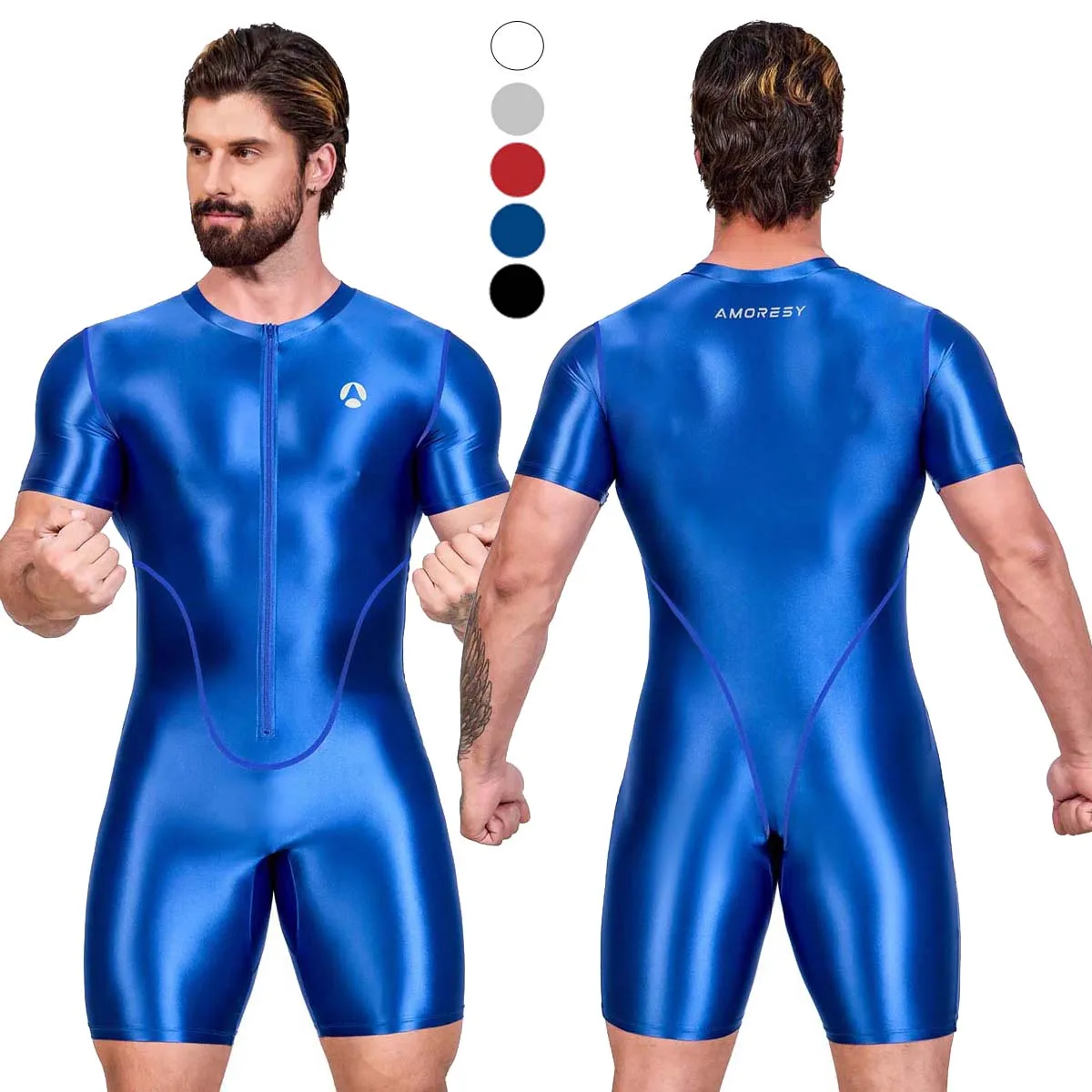 AMORESY Men Glossy Satin Short Sleeve Knee-Length Bodybuilding Swimwear Sportswear Jumpsuit Bodysuit Tracksuit Sweatsuit Fitness