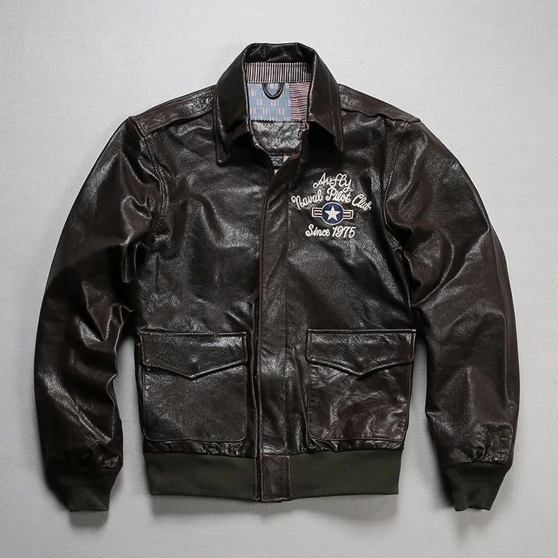 DHL free shipping,Men's USA embroidered wing A2 jacket top sheep leather air flight lapel warm coat vintage warm large size