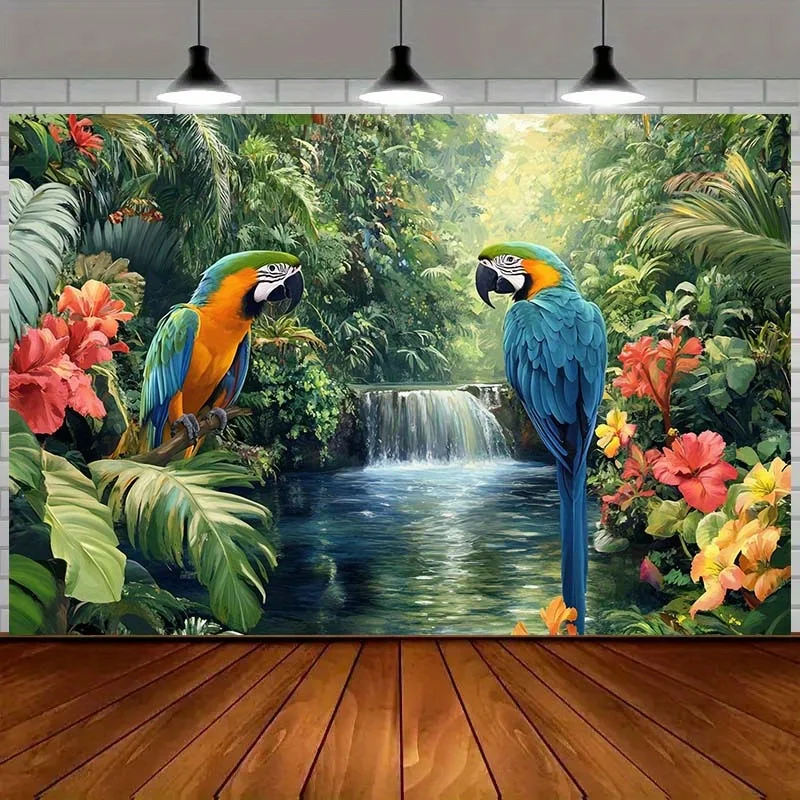 Macaw Parrots Tropical Jungle Waterfall Tapestry 2D Flat Colorful Bird Wall Hanging for Living Room Bedroom Nature Decor Fabric