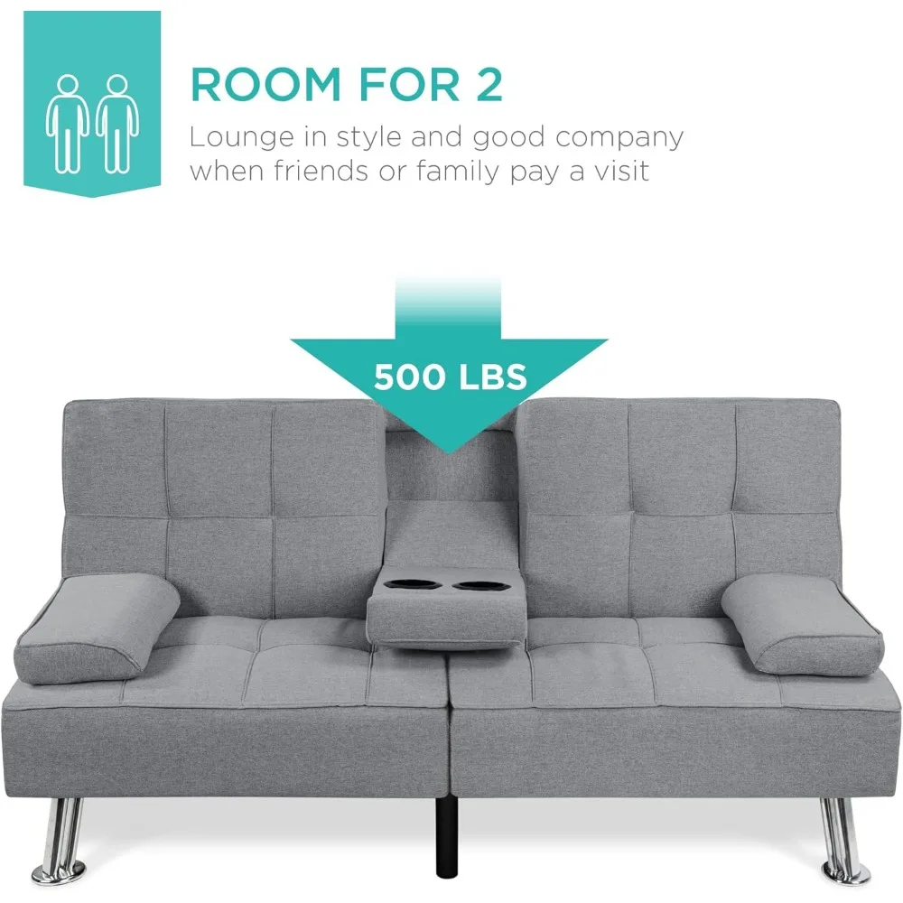 Linen Modern Folding Futon, Reclining Sofa Bed for Apartment, Dorm w/Removable Armrests, 2 Cupholders