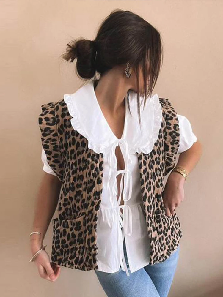 Chic Leopard Printed Ruffles Vest Women Fashion O Neck manica corta Cardigan gilet per donna 2024 primavera estate Pocket Tops