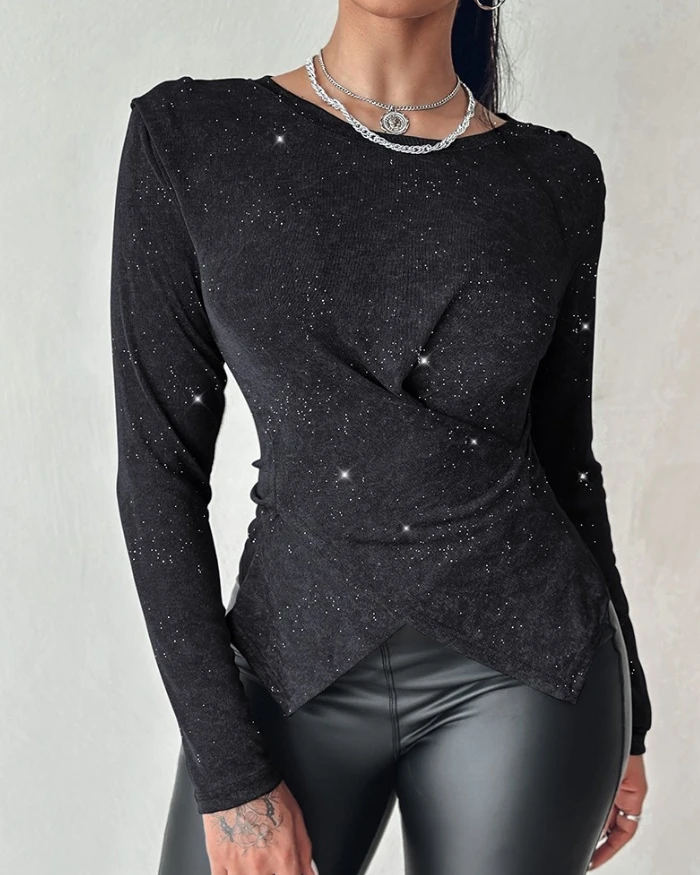 

Autumn New Fashion Womens Glitter Round Neck Long Sleeve Crisscross Top Temperament Commuting Female Casual Daily Skinny T-Shirt