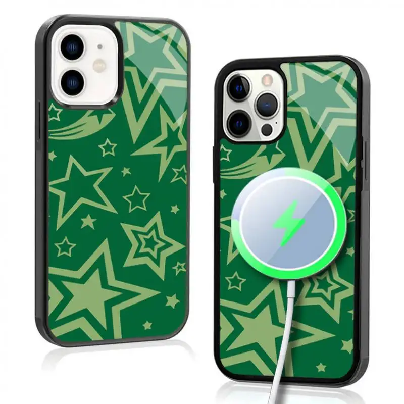 Super Star Green Case For iphone 11 12 13 14 15 Plus Pro Max Mirror Acrylic For Magsafe Wireless Charging