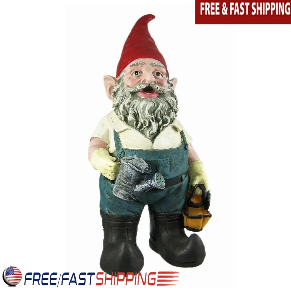 

14 Inch Gnome Holding Watering Can Garden Tool Bag Statue Durable Resin Hand Painted Indoor Outdoor Decor Gift