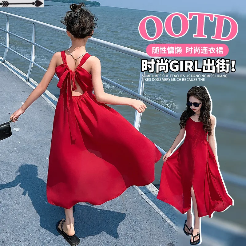 2026 thin Summer Teenager Girl Princess Kids long Dresses backless Beach split skirt Clothes mesh 4 5 6 8 10 12 14 Year cotton