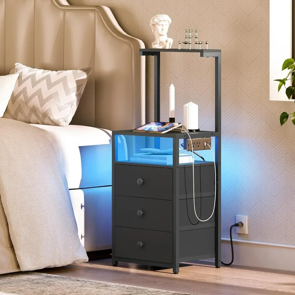 Nightstand with Charging Station and LED Lights,Side Table with 3 Fabric Drawers,LED Open Night stand,Bedside Table for Black