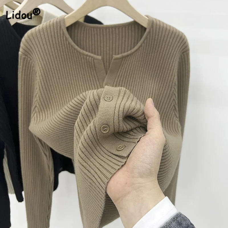 Lady Simplicity Vintage Solid Button Knitted Cardigan Spring Autumn Thin Fashion All-match Round Neck Sweaters Women's Clothing