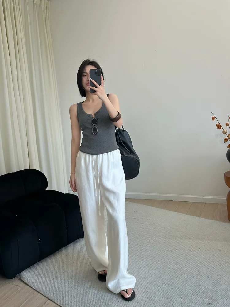 Slack Linen Wide-leg Pants Summer Loose Versatile Drawstring Straight White Casual Trousers Korean Fashion