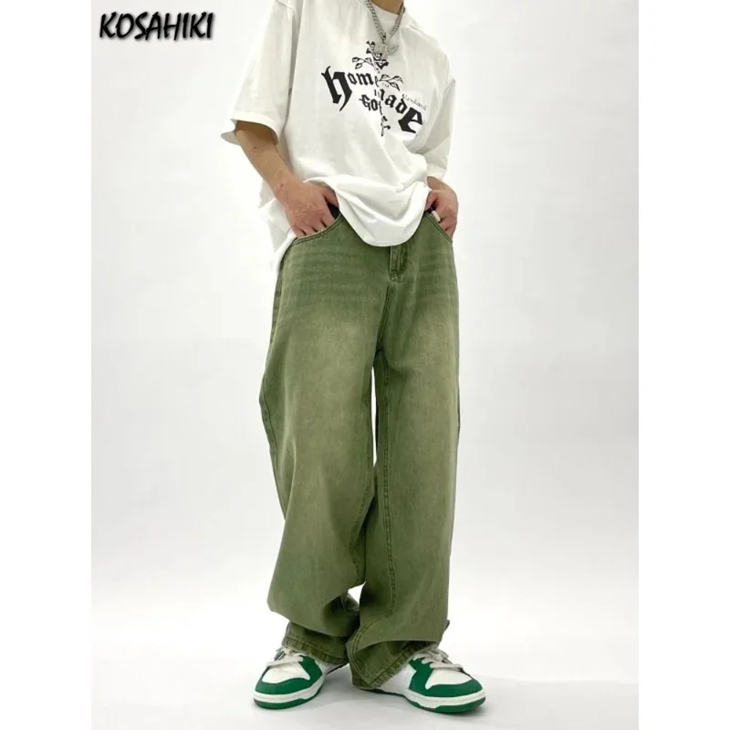 

KOSAHIKI Women Men Jeans Y2K High Waist Gradient Green Denim Trousers Casual Baggy Pants Wide Leg Female Oversize