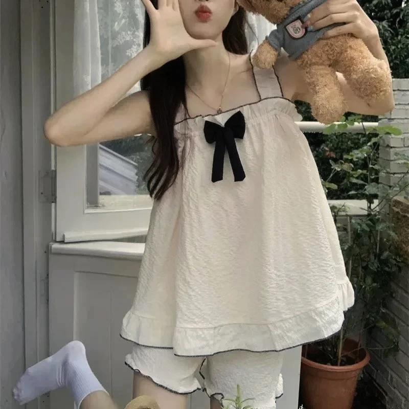 

Pajama Sets Women Sleeveless Bow Summer Cool Sweet Sleepwear Princess Soft Comfortable Loungewear Tender Girlish Homewear пижама