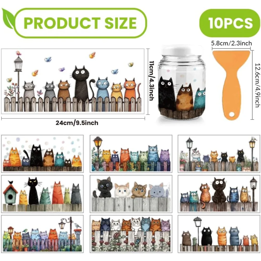 10 Sheets Colorful Cats UV DTF Cup Wrap for 16OZ Glass Fence Humorous Cat and Garden Scene Rub on Decals PVC Transfer
