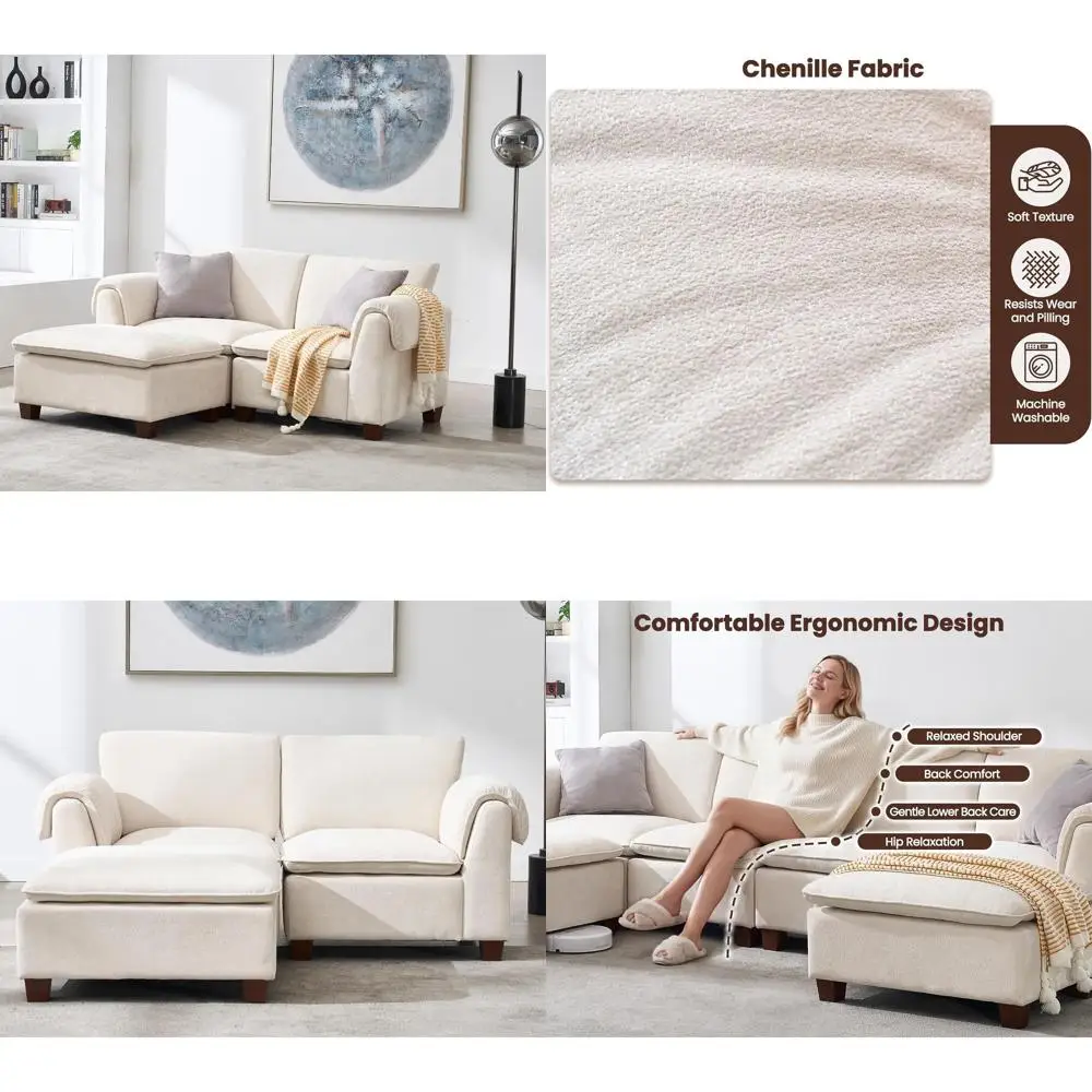 

56.5 L-Shaped Sectional Sofa with Ottoman, 2-Seat, Waterfall Armrest, White Chenille for Living Room